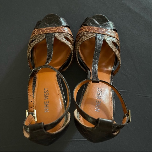 Nine West Brown Snake Animal Print Vintage-Inspired Peep-Toe Heels Sz 7 - Picture 6 of 7